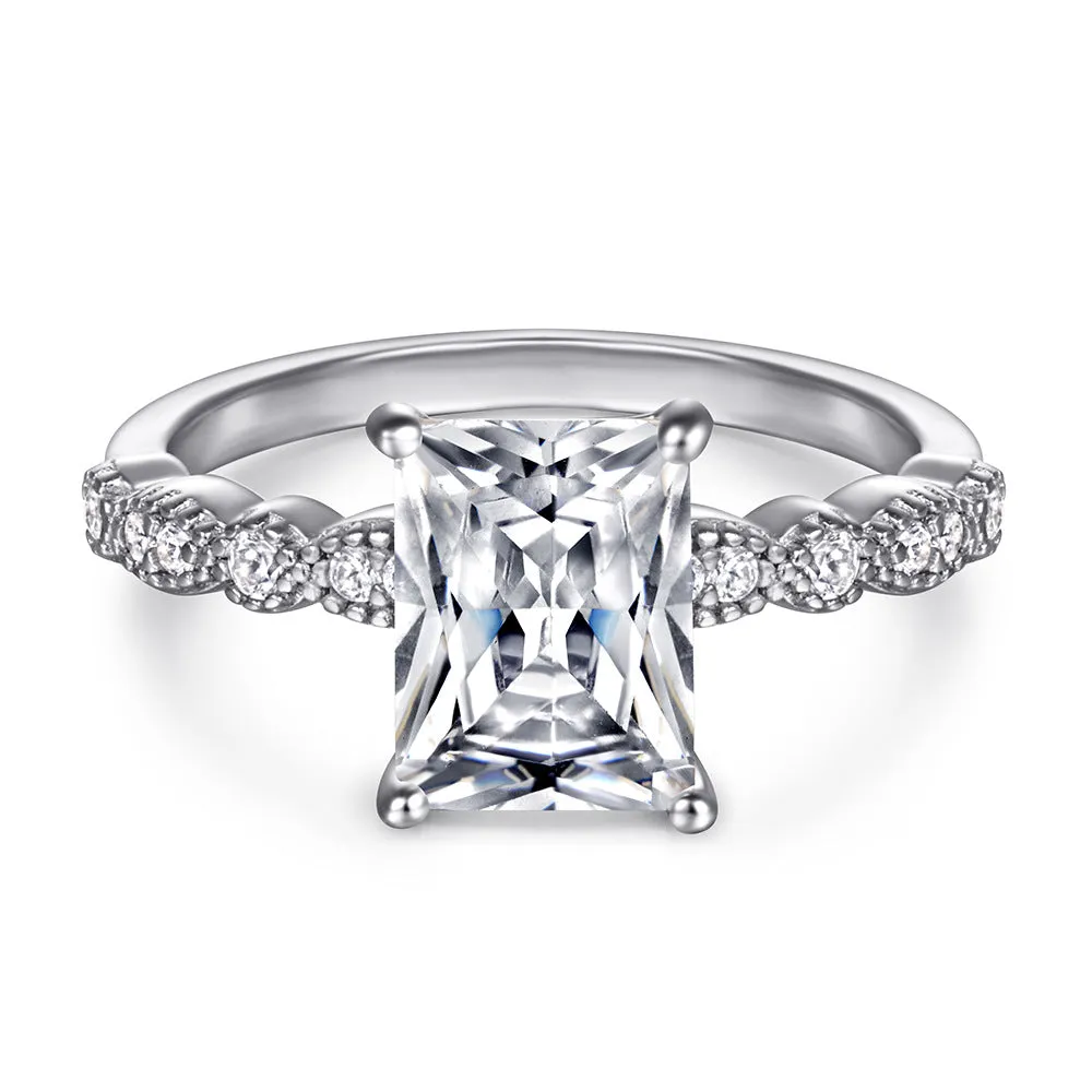 Radiant Cut Zircon Four Prongs Cathedral Silver Ring