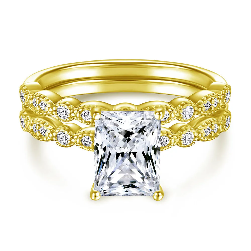 Radiant Cut Zircon with Beading Silver Ring Set