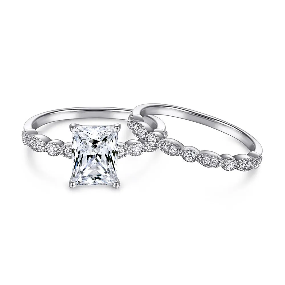 Radiant Cut Zircon with Beading Silver Ring Set