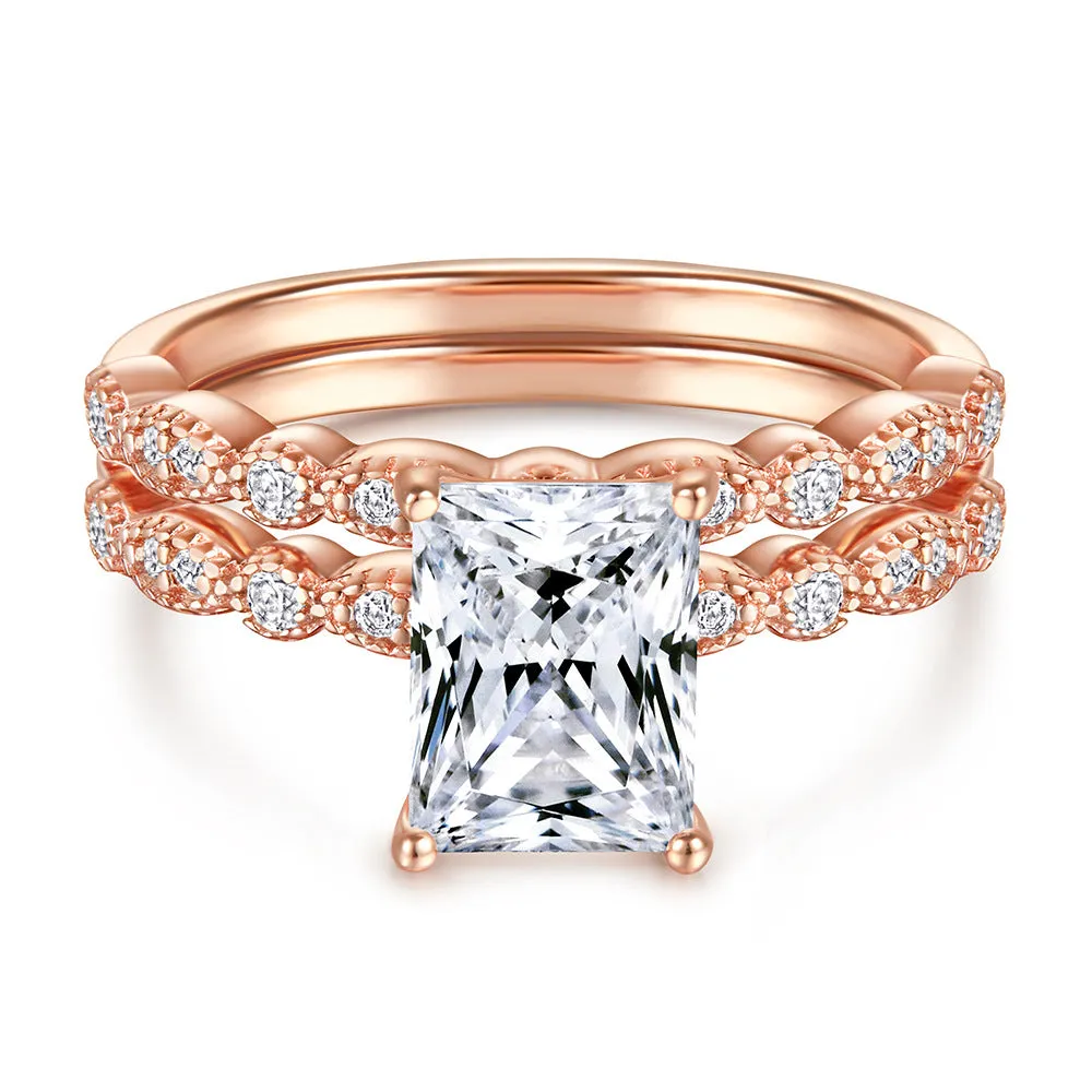 Radiant Cut Zircon with Beading Silver Ring Set