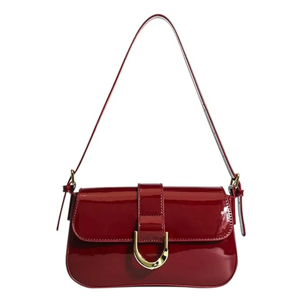 Retro Patent Leather Shoulder Bag – Elegant Crossbody Handbag with Gold Buckle