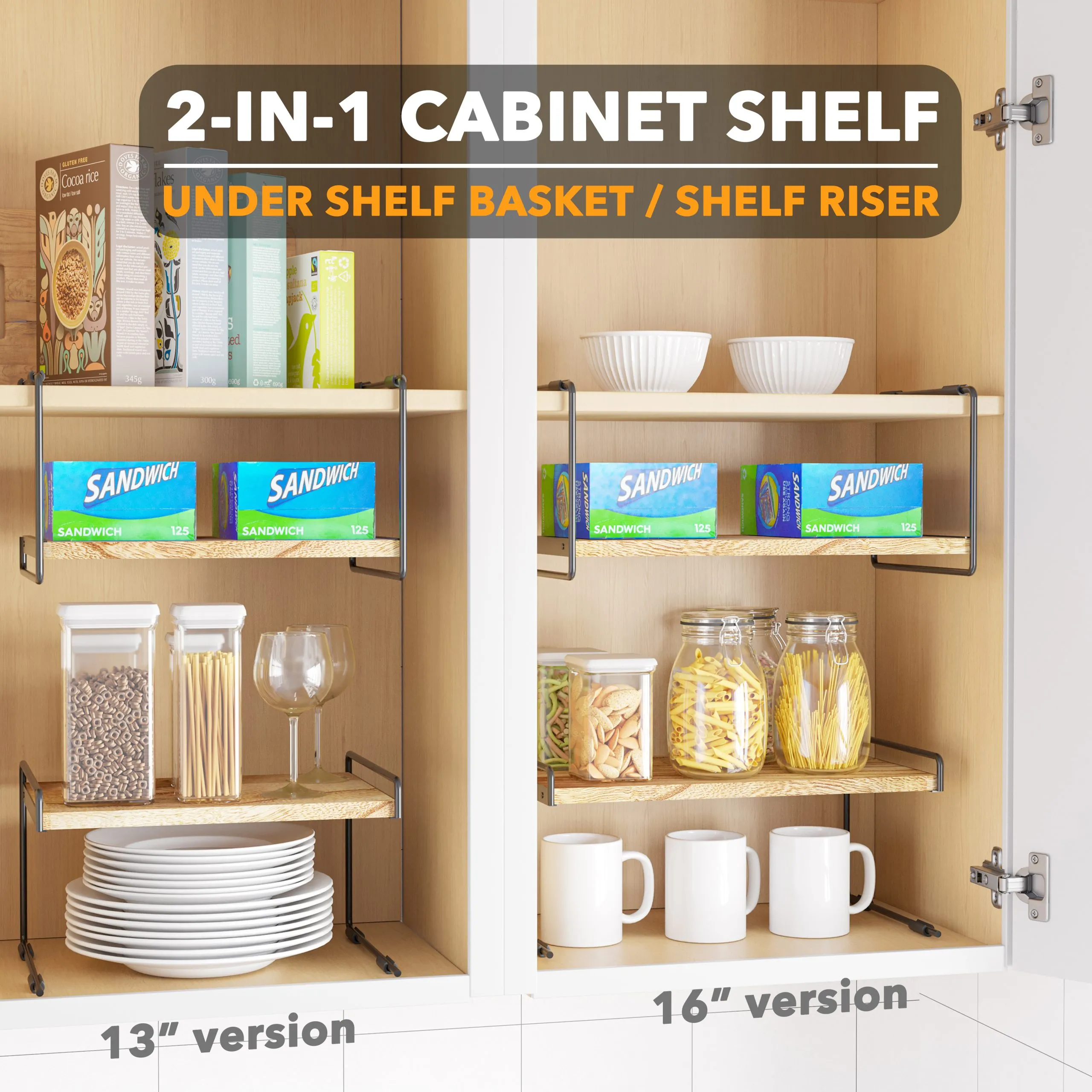 SpaceAid Open Kitchen Cabinet Shelf Organizers 2 Pack in Black and Natural, 16" Wide