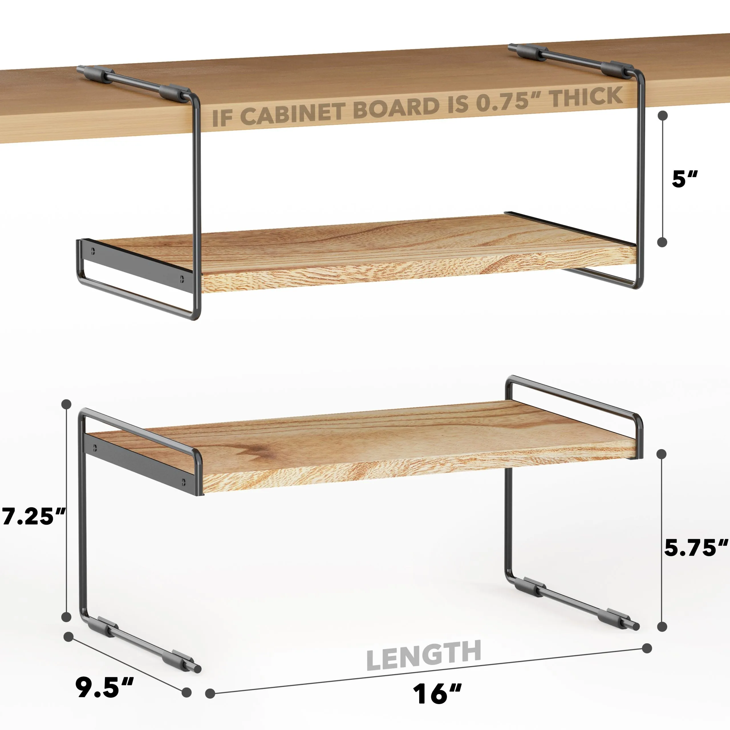 SpaceAid Open Kitchen Cabinet Shelf Organizers 2 Pack in Black and Natural, 16" Wide