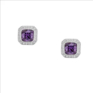 SS Amethyst Col. CZ Radiant Cut w/ WH CZ Claw Set Surround Earrings