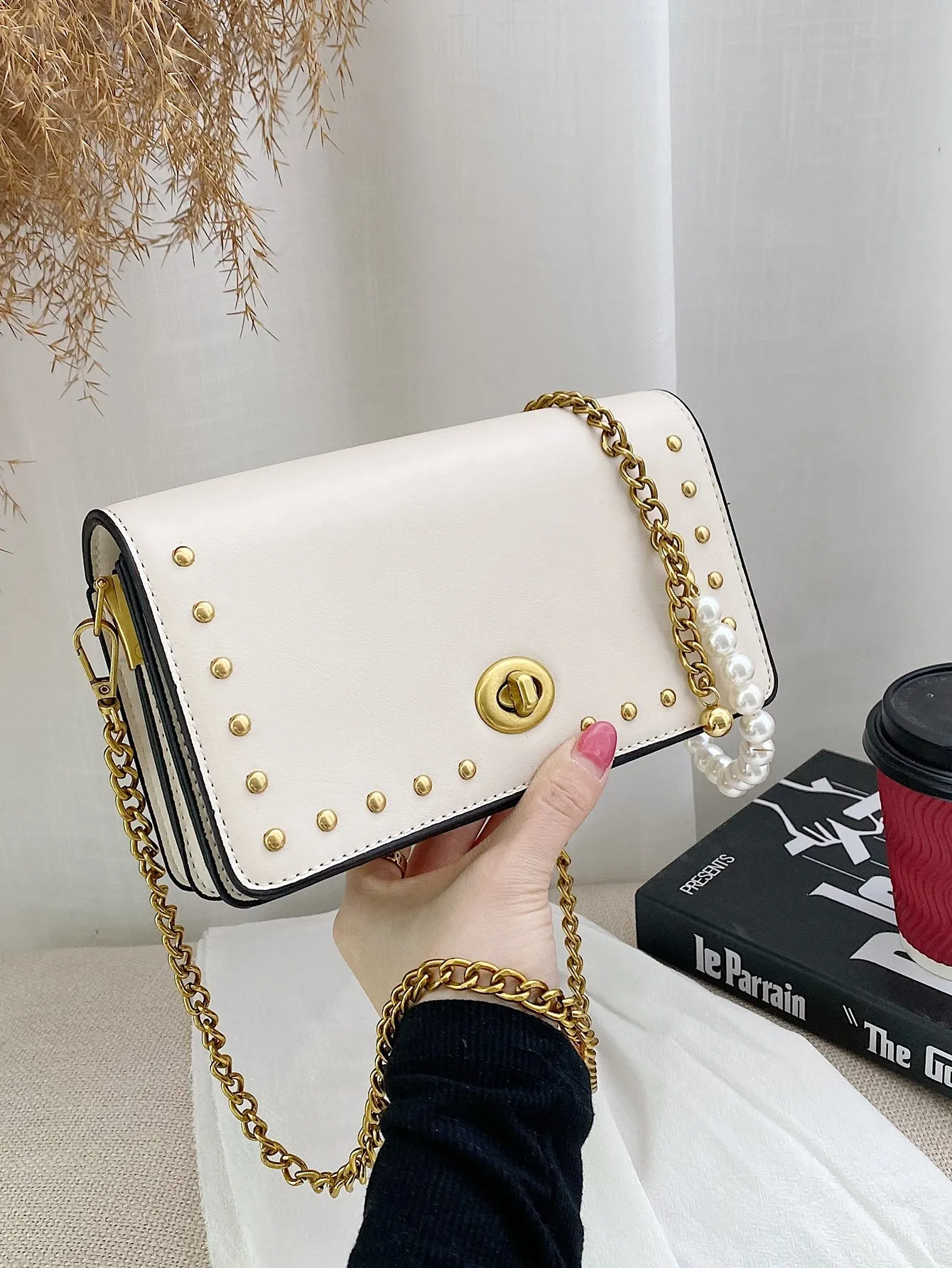 Studded Decor Chain Crossbody Bag