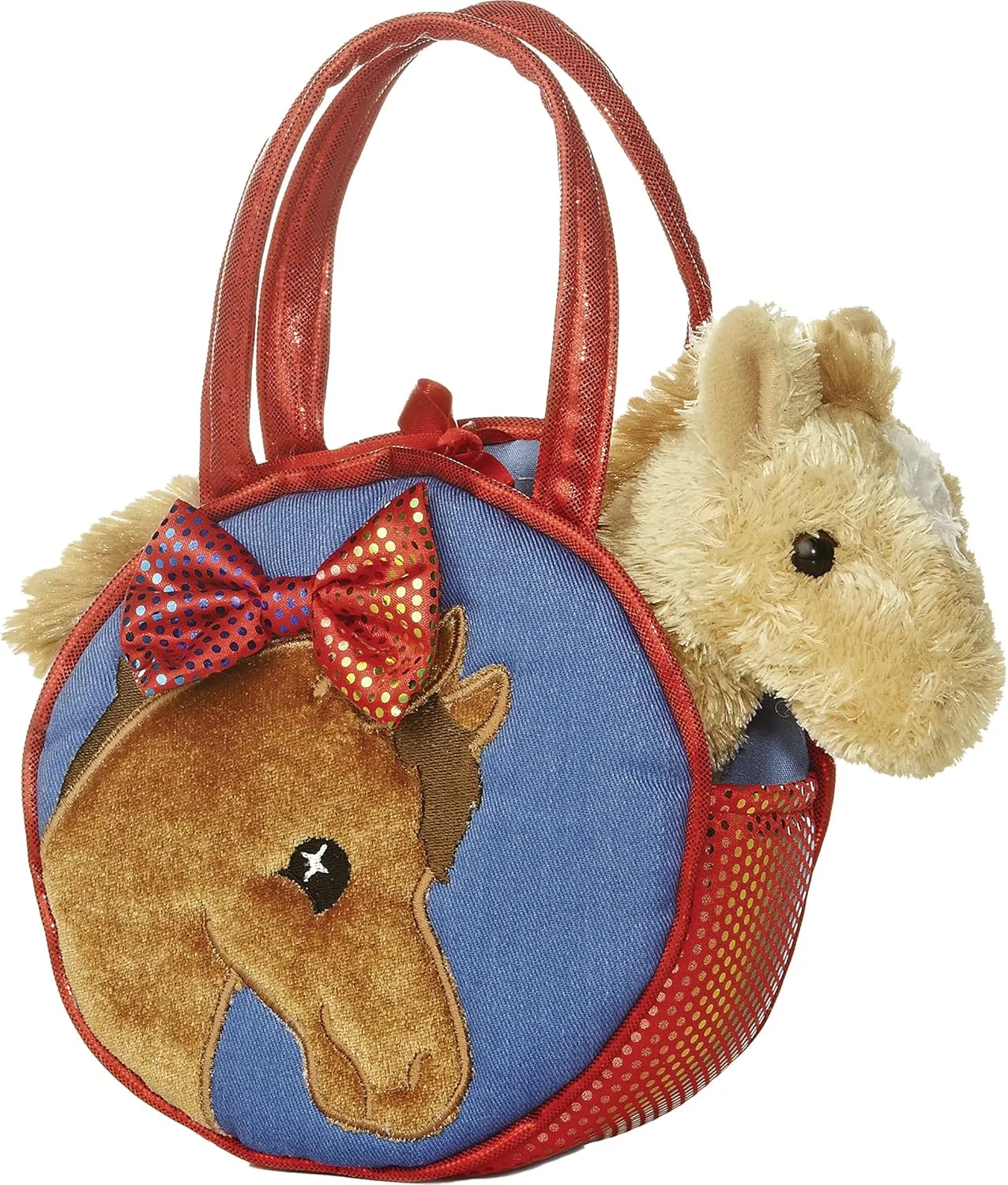 Stuffed Pony Toy Pet Carrier in Blue & Red