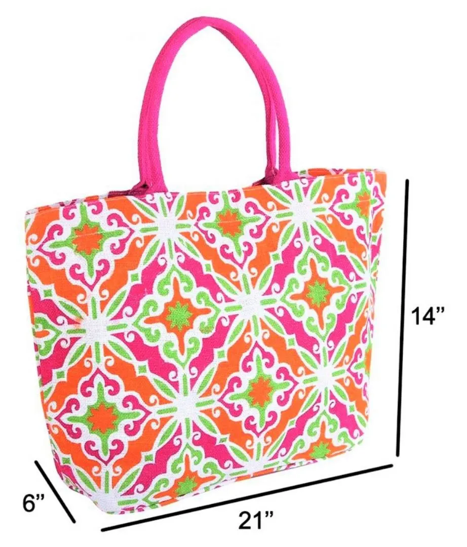 Stylish Multicoloured Printed Jute Tote Bag