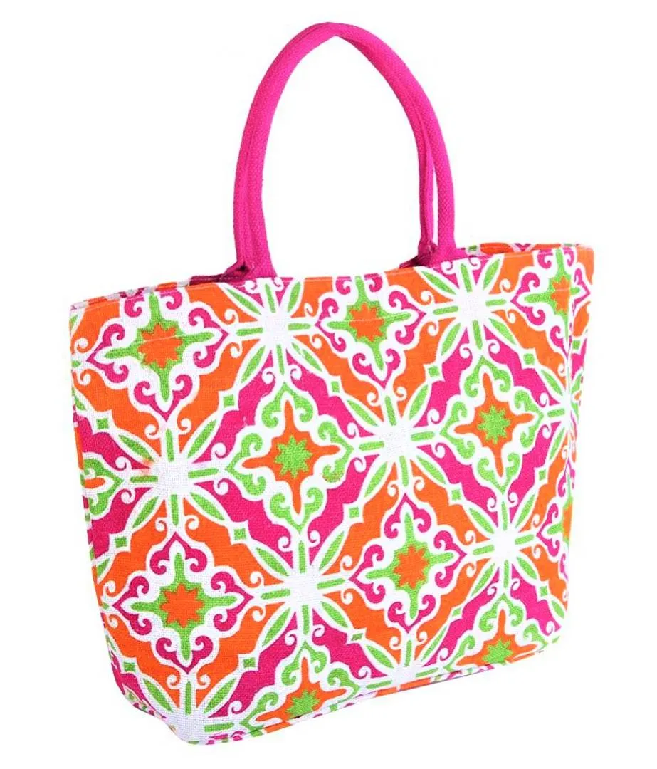 Stylish Multicoloured Printed Jute Tote Bag