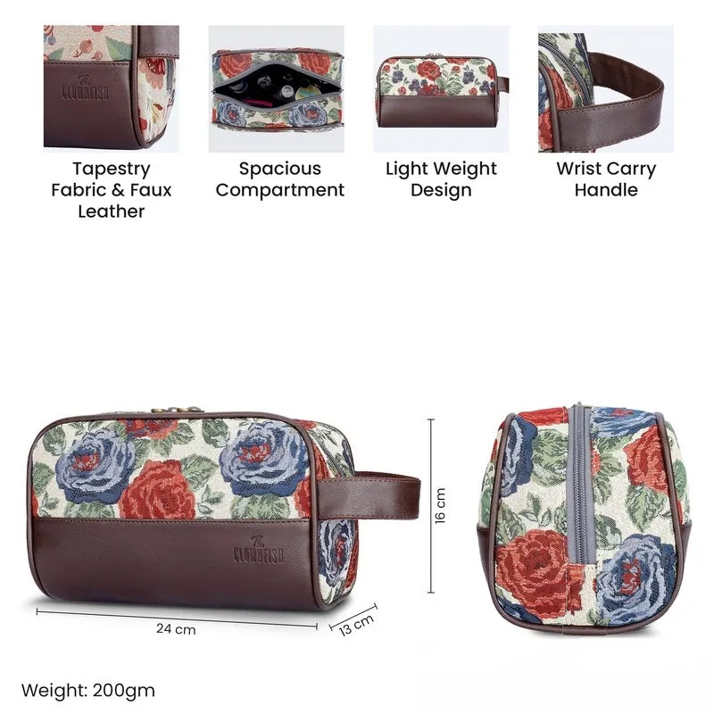 The Clownfish Flossy Multipurpose Tapestry Travel Pouch Toiletry Bag Shaving Kit Bag for Men Make-Up Pouch for Women Toiletry Bag for Men Travel Kit for Men & Women (Red-Floral)