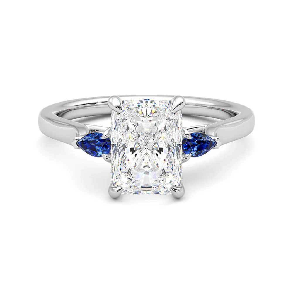 Three Stone Radiant Cut Moissanite Engagement Ring with Hidden Anniversary Stone Accent