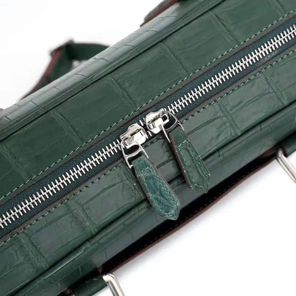 Unisex Crocodile Leather Laptop Briefcase with Pass Through Trolley Handles Dark Green