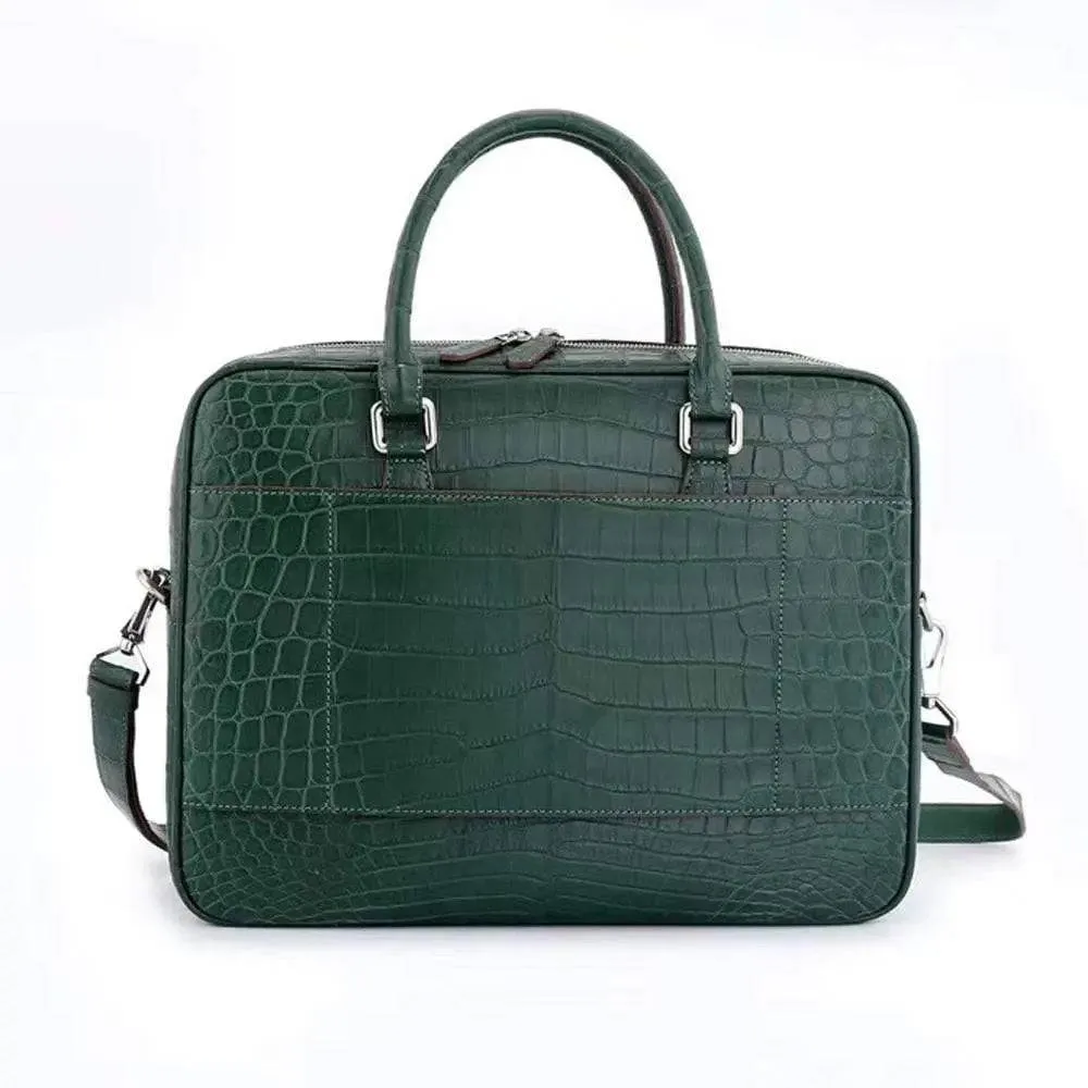 Unisex Crocodile Leather Laptop Briefcase with Pass Through Trolley Handles Dark Green