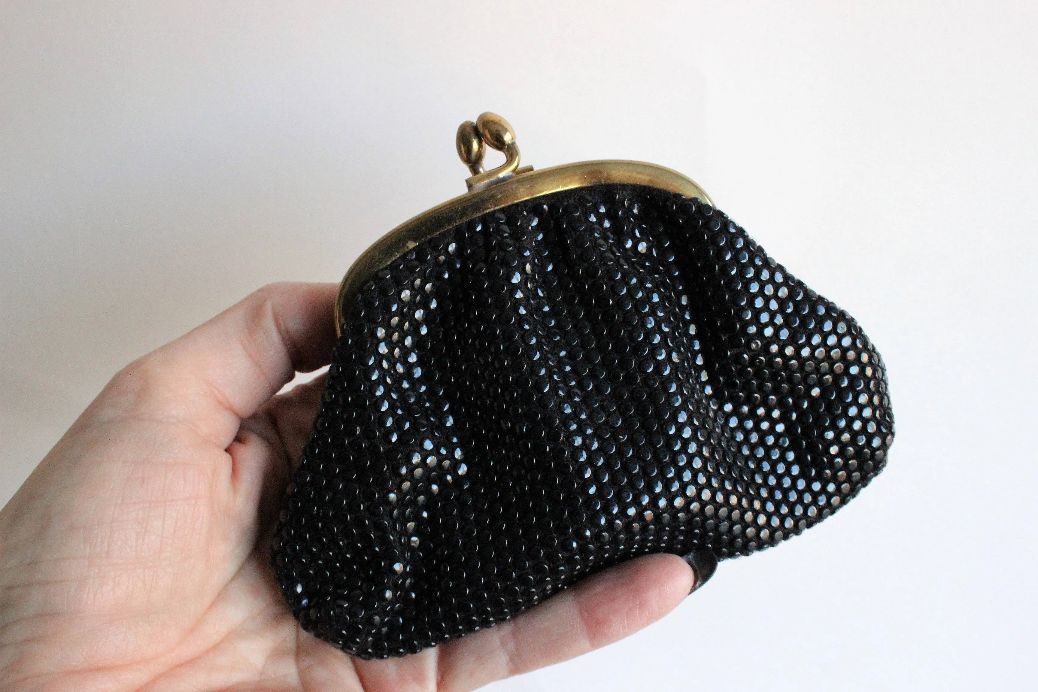 Vintage 1950s Black Dotted Coin Purse With Red Sating Lining