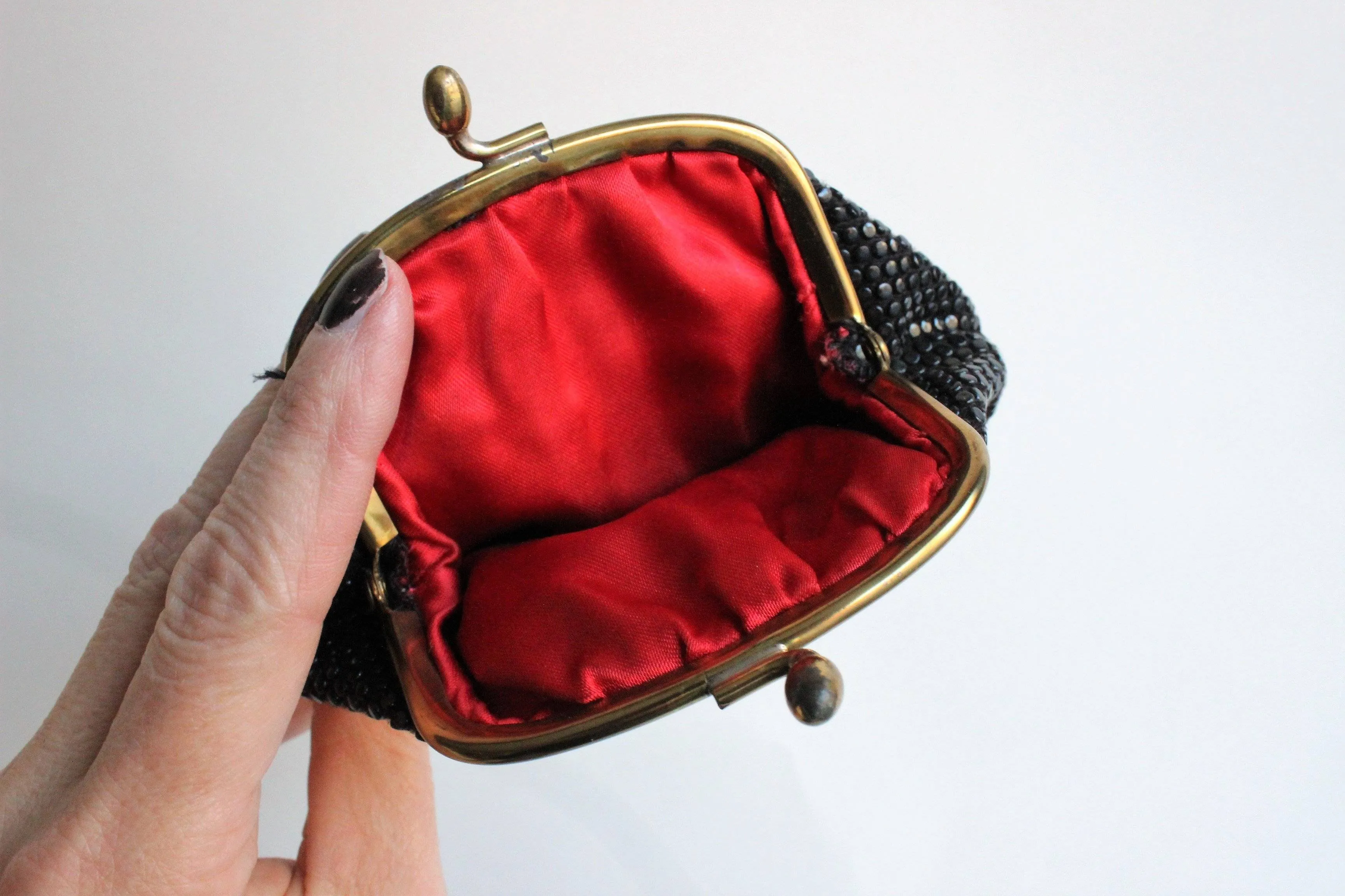 Vintage 1950s Black Dotted Coin Purse With Red Sating Lining