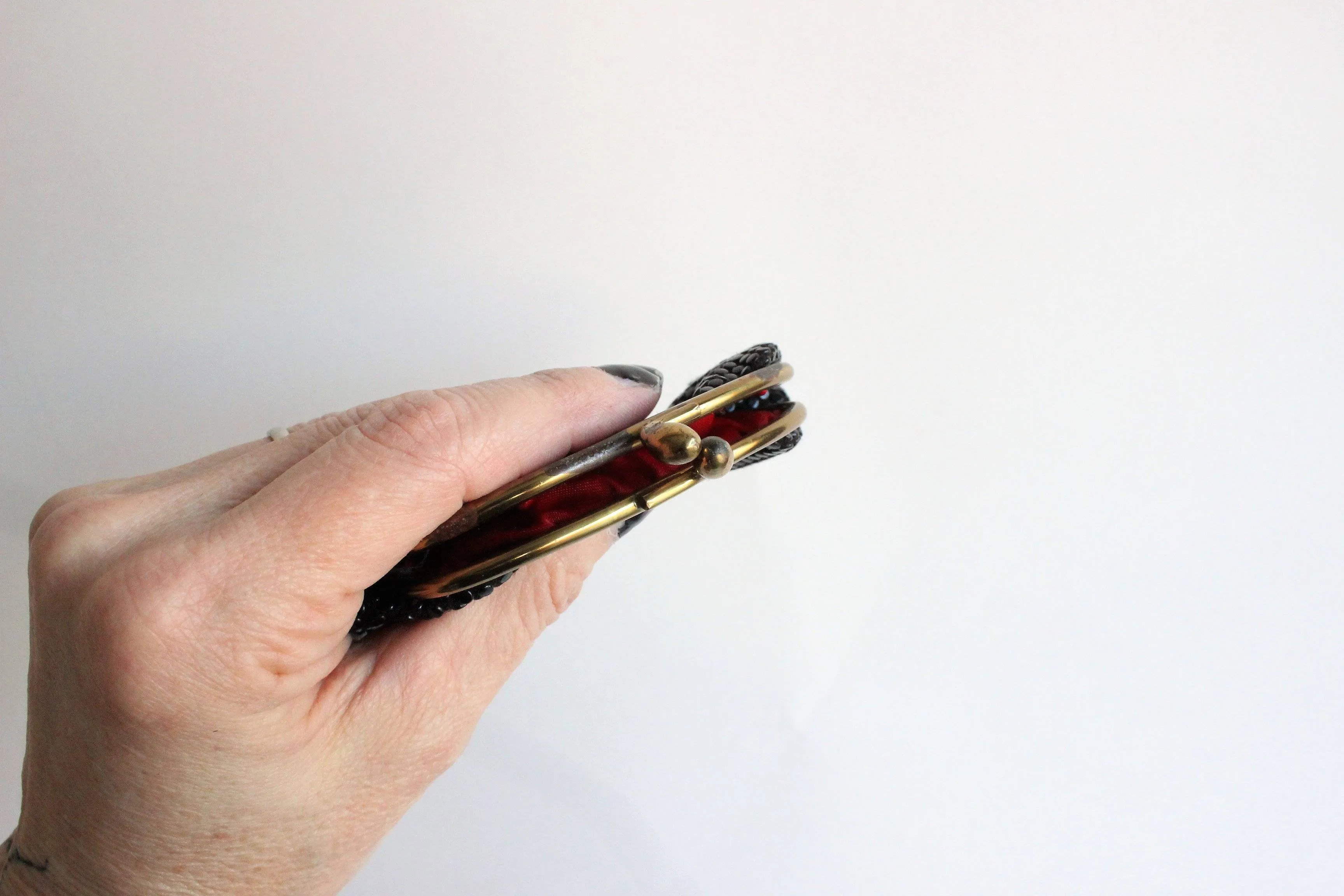 Vintage 1950s Black Dotted Coin Purse With Red Sating Lining