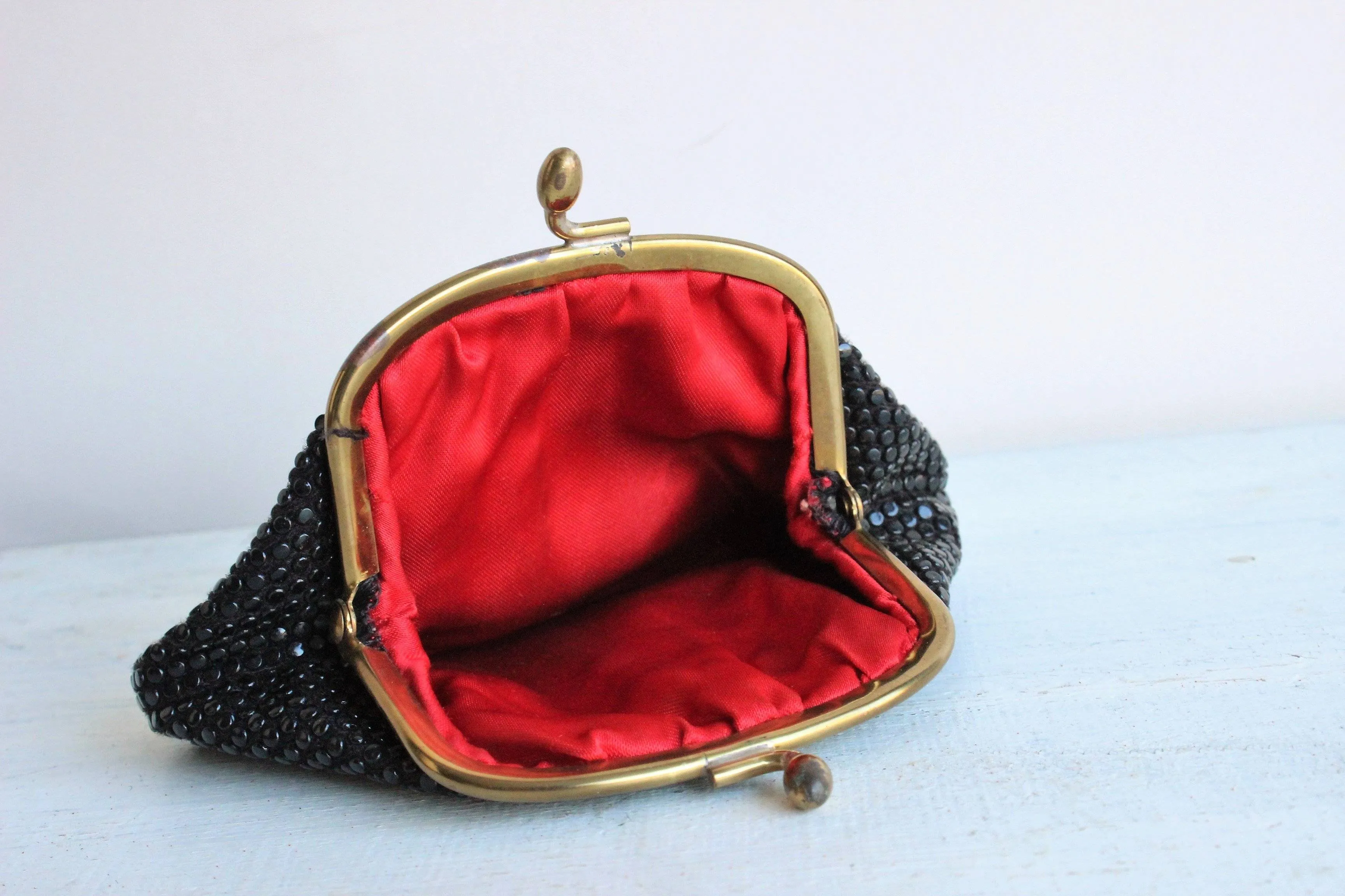 Vintage 1950s Black Dotted Coin Purse With Red Sating Lining