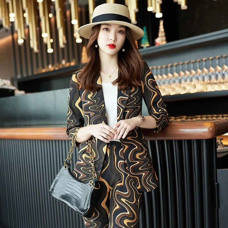 Yellow printing suit pants professional suit suit suit female spring and autumn temperament middle sleeve foreign style fashiona