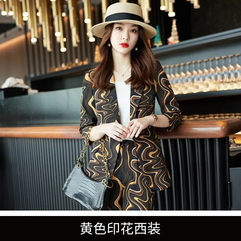 Yellow printing suit pants professional suit suit suit female spring and autumn temperament middle sleeve foreign style fashiona