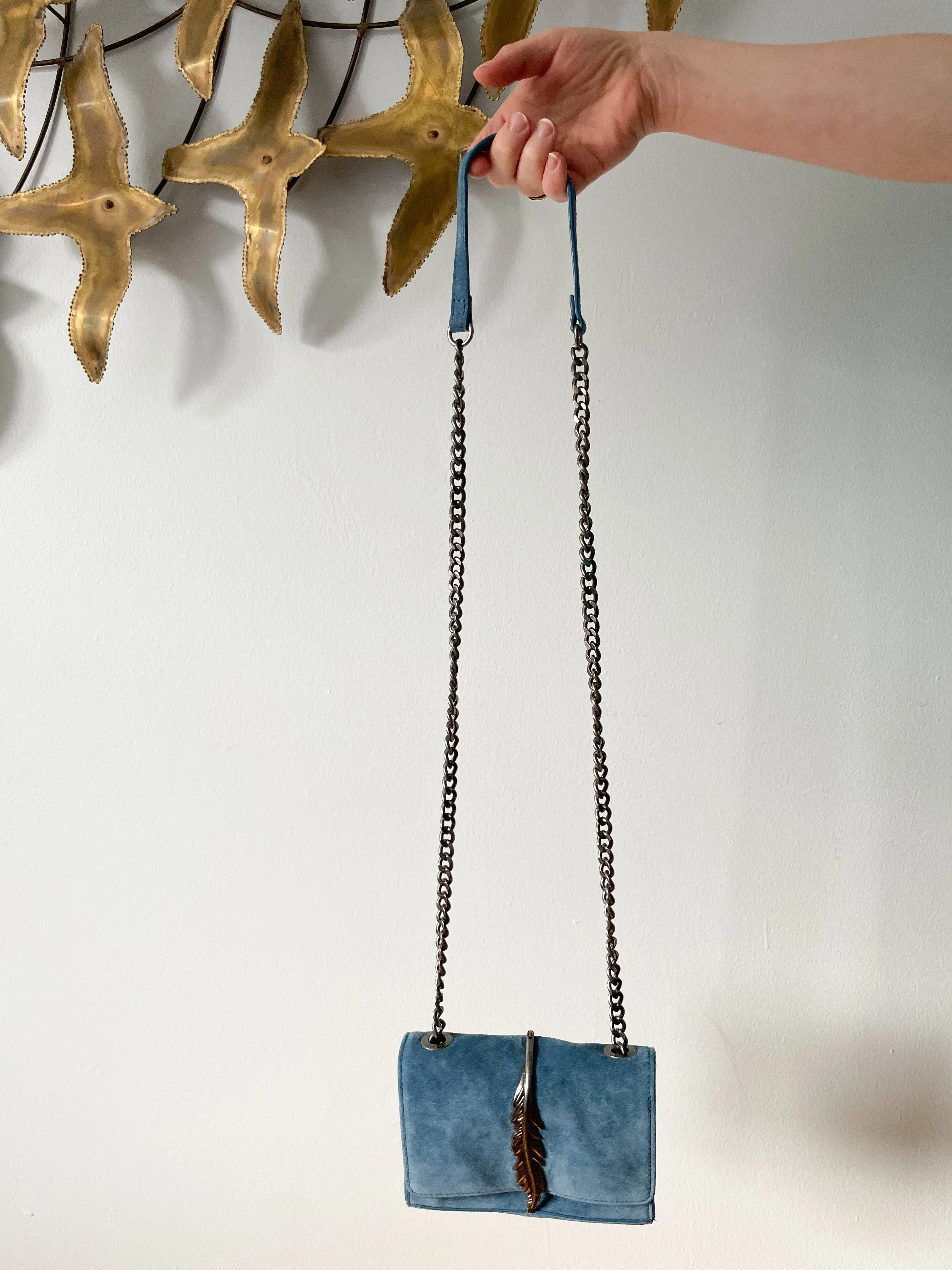 Zara Blue Genuine Suede Chain Feather Crossbody Shoulder Bag