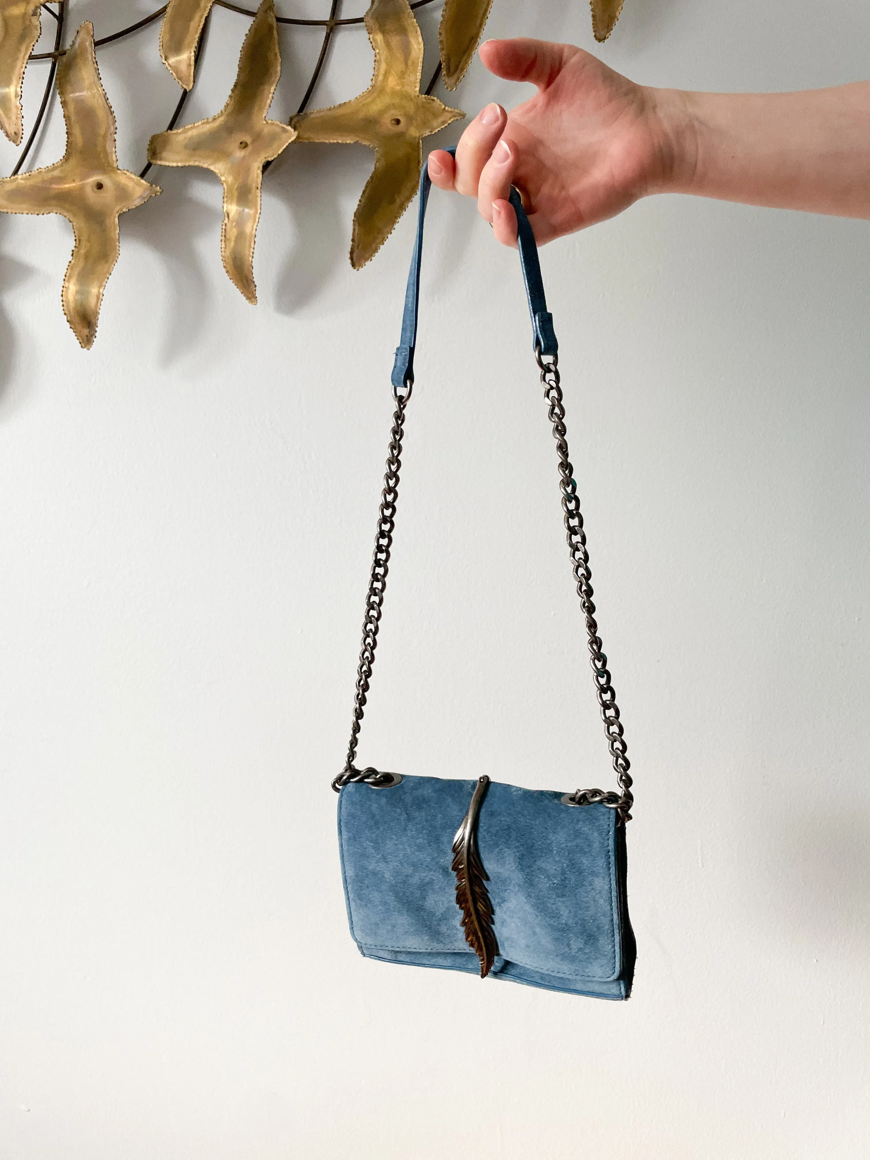 Zara Blue Genuine Suede Chain Feather Crossbody Shoulder Bag