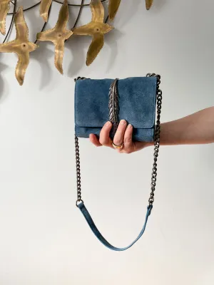 Zara Blue Genuine Suede Chain Feather Crossbody Shoulder Bag